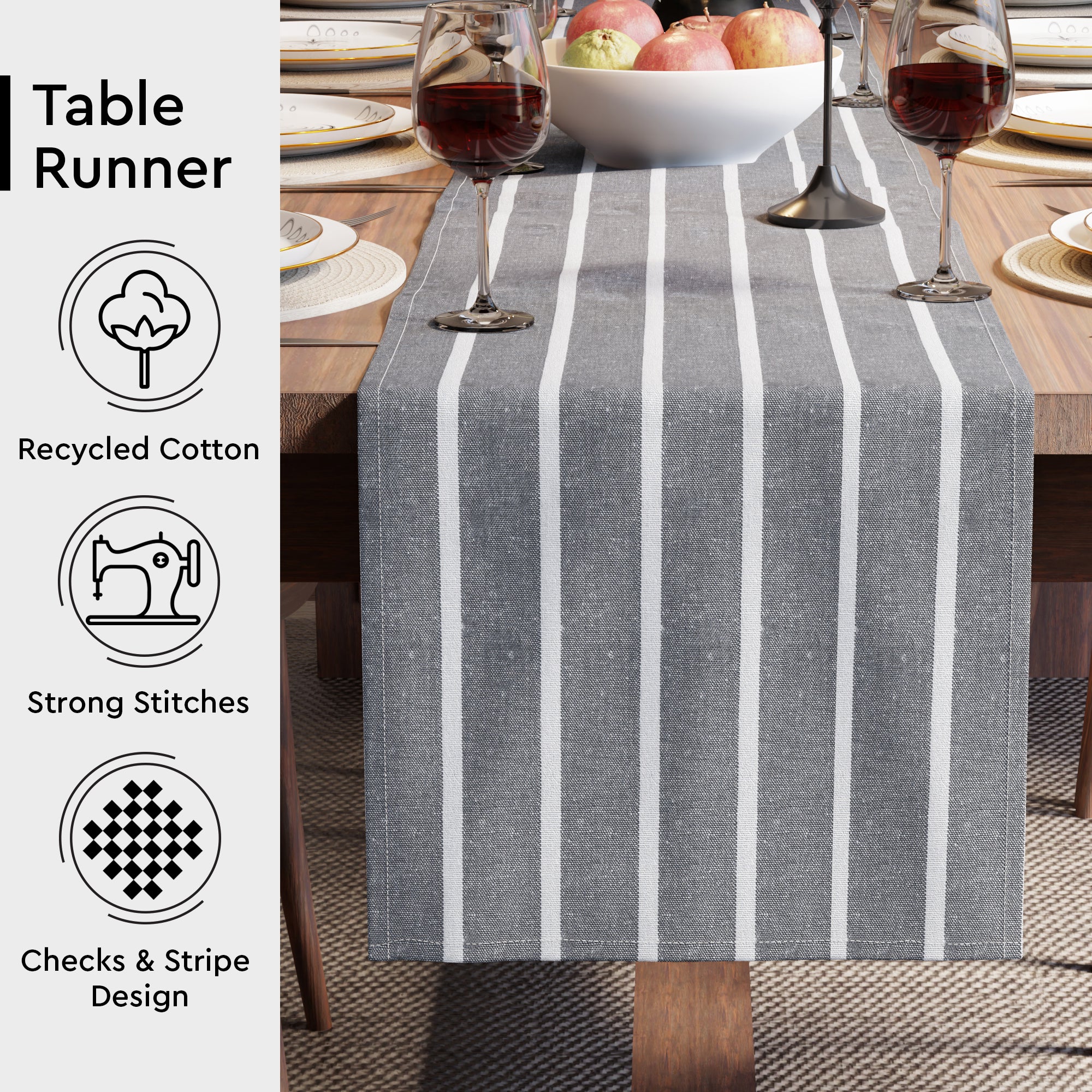 Cotton Canvas Roma Grey Stripes Table Runner (Pack of 1)