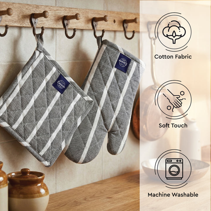 Cotton Roma Grey Stripes Oven Glove & Pot Holder
