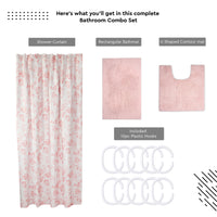 Polyester Pink Carnations Combo Shower Curtain + Bathmat (Pack of 3)