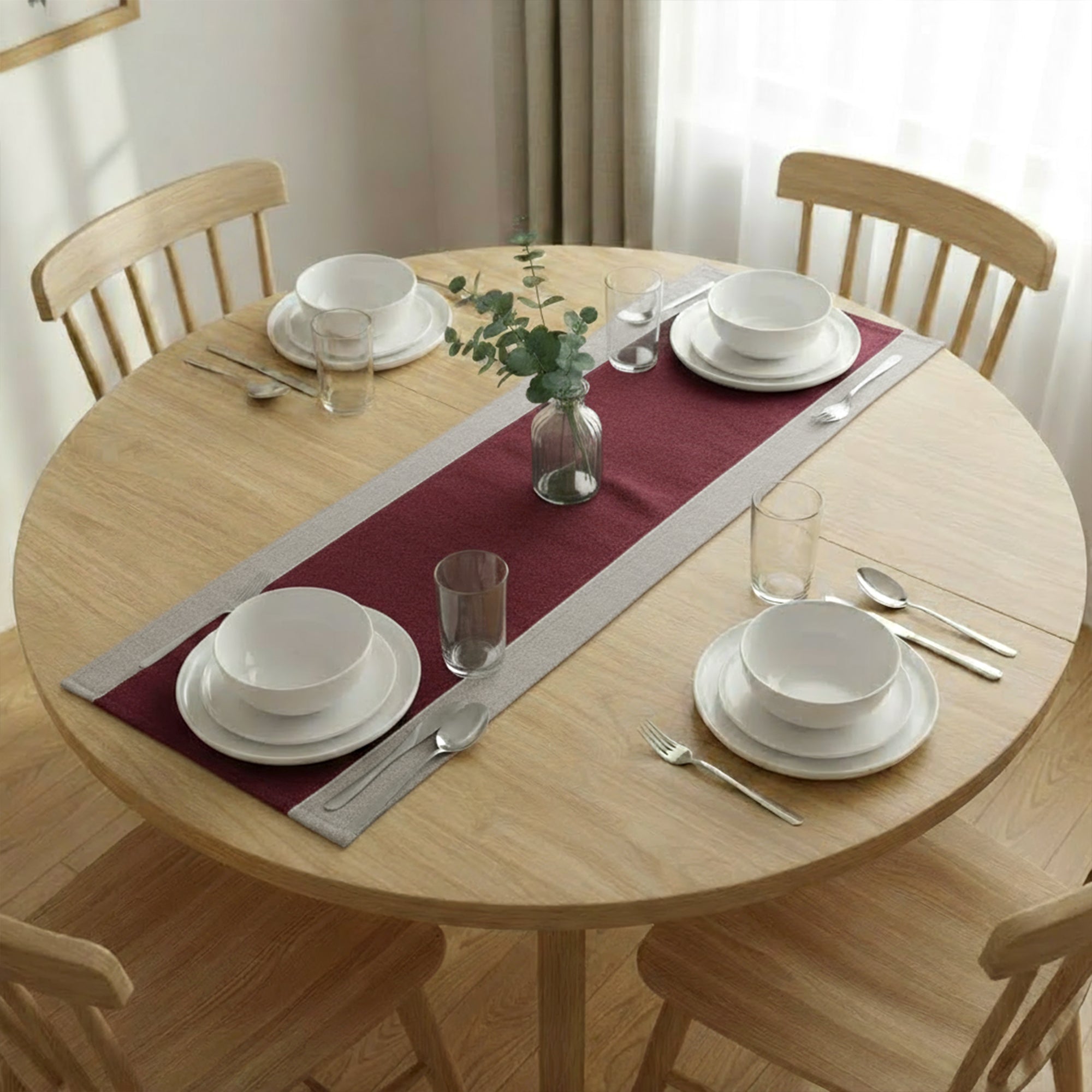 Cotton Grey & Maroon Table Runner (Pack of 1)
