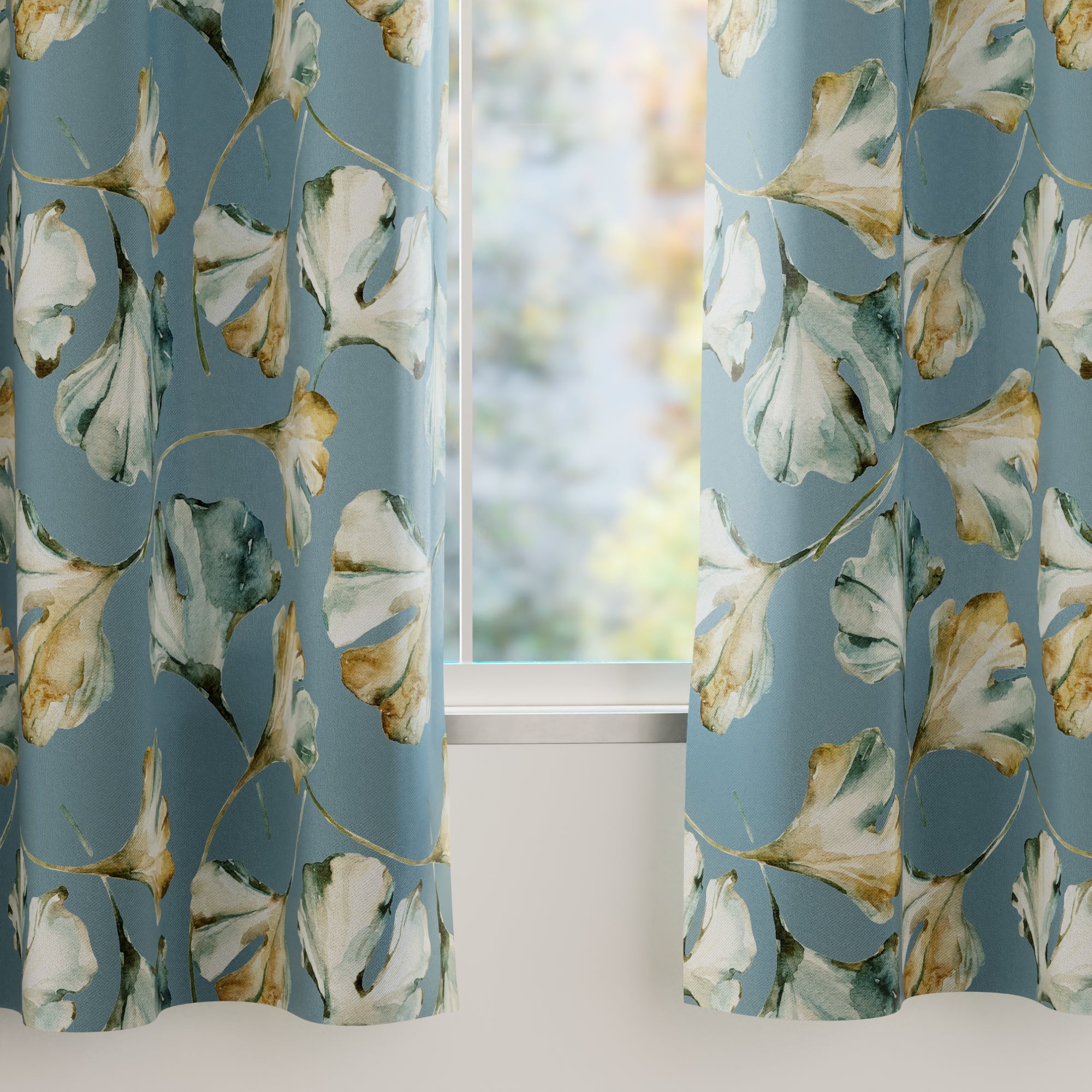 Blackout Polyester Gingko Blue Curtain (Pack of 2)