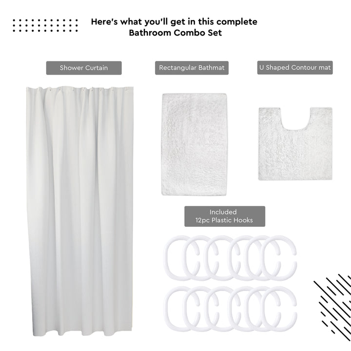 Polyester ZZ White Combo Shower Curtain + Bathmat (Pack of 3)