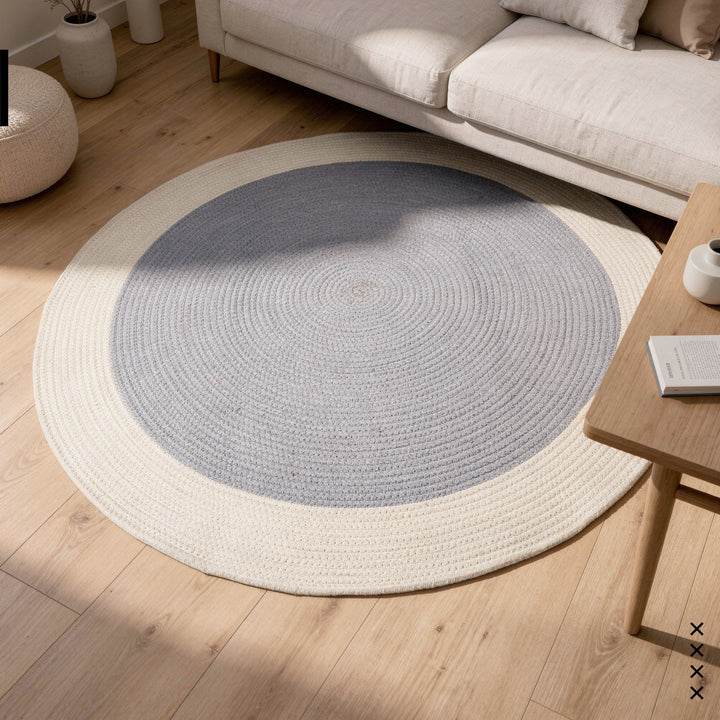 Reversible Round Rug Handwoven Natural Fiber Carpet Braided Area Rug | Neutral Boho Rug for Living Room, Bedroom, Nursery | Washable Area Rug Two Tone