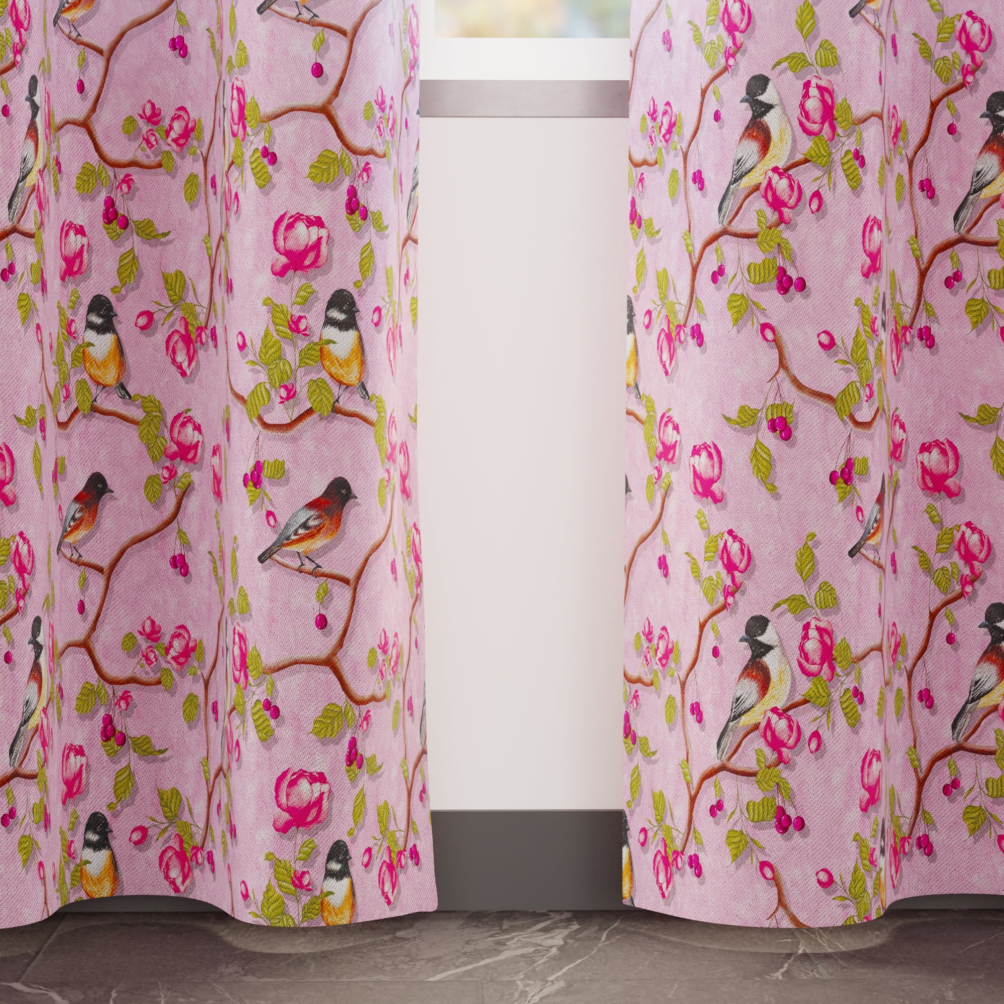 Blackout Polyester Dusty Pink Birds Curtain (Pack of 2)