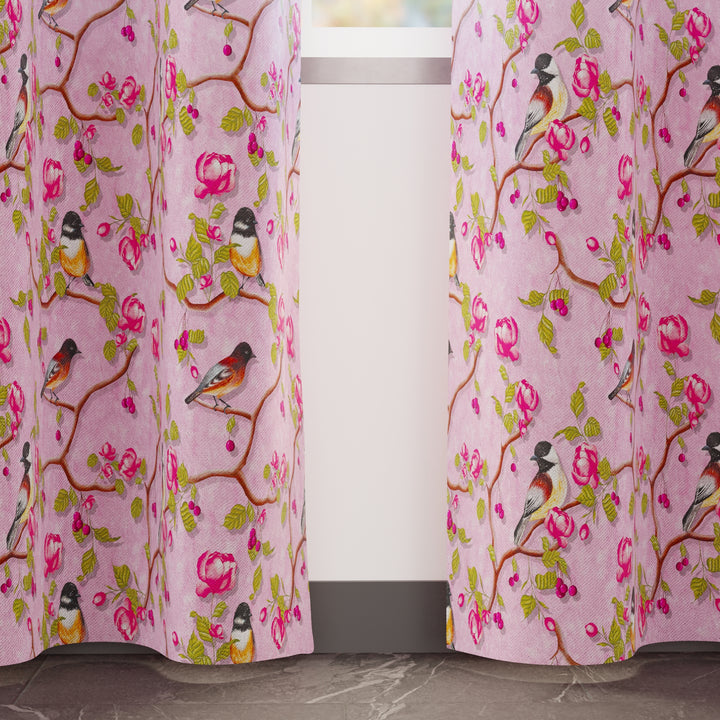 Blackout Polyester Dusty Pink Birds Curtain (Pack of 2)