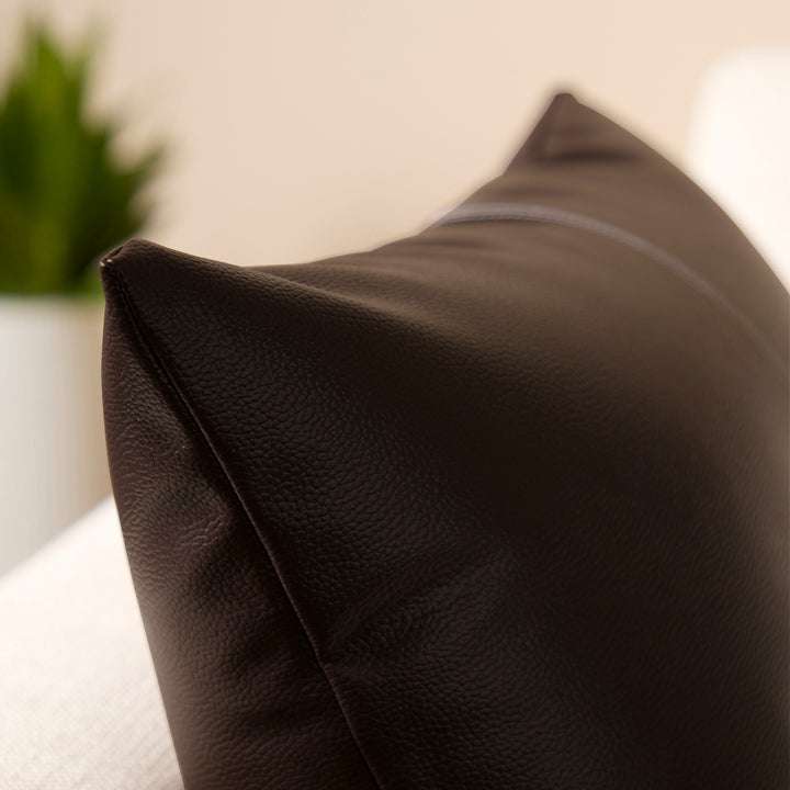 PVC Leather Dark Brown Stitch Cushion Cover (Pack of 2)