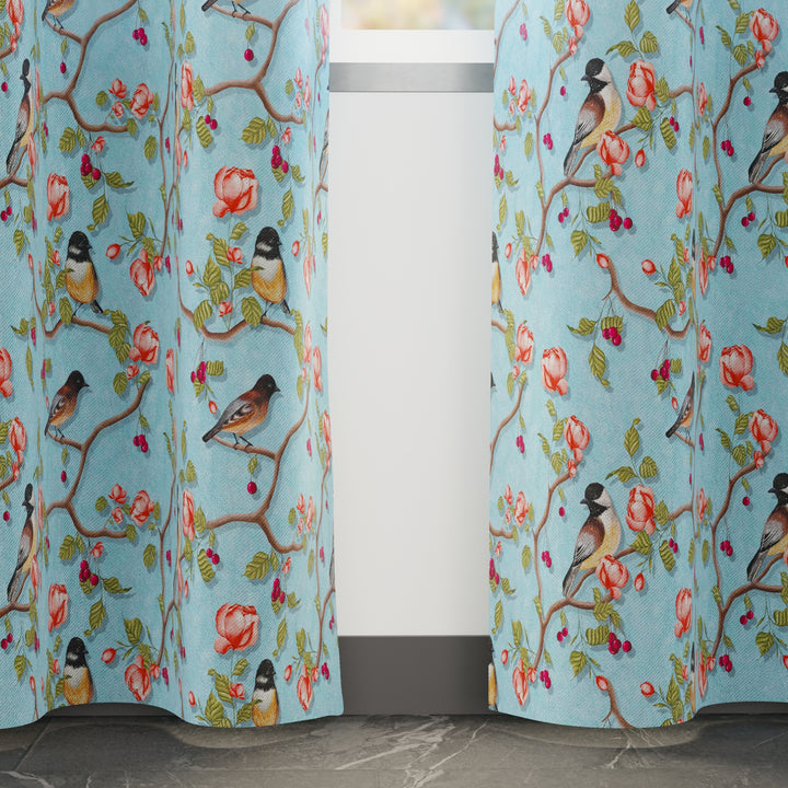 Blackout Polyester Sky Blue Birds Curtain (Pack of 2)