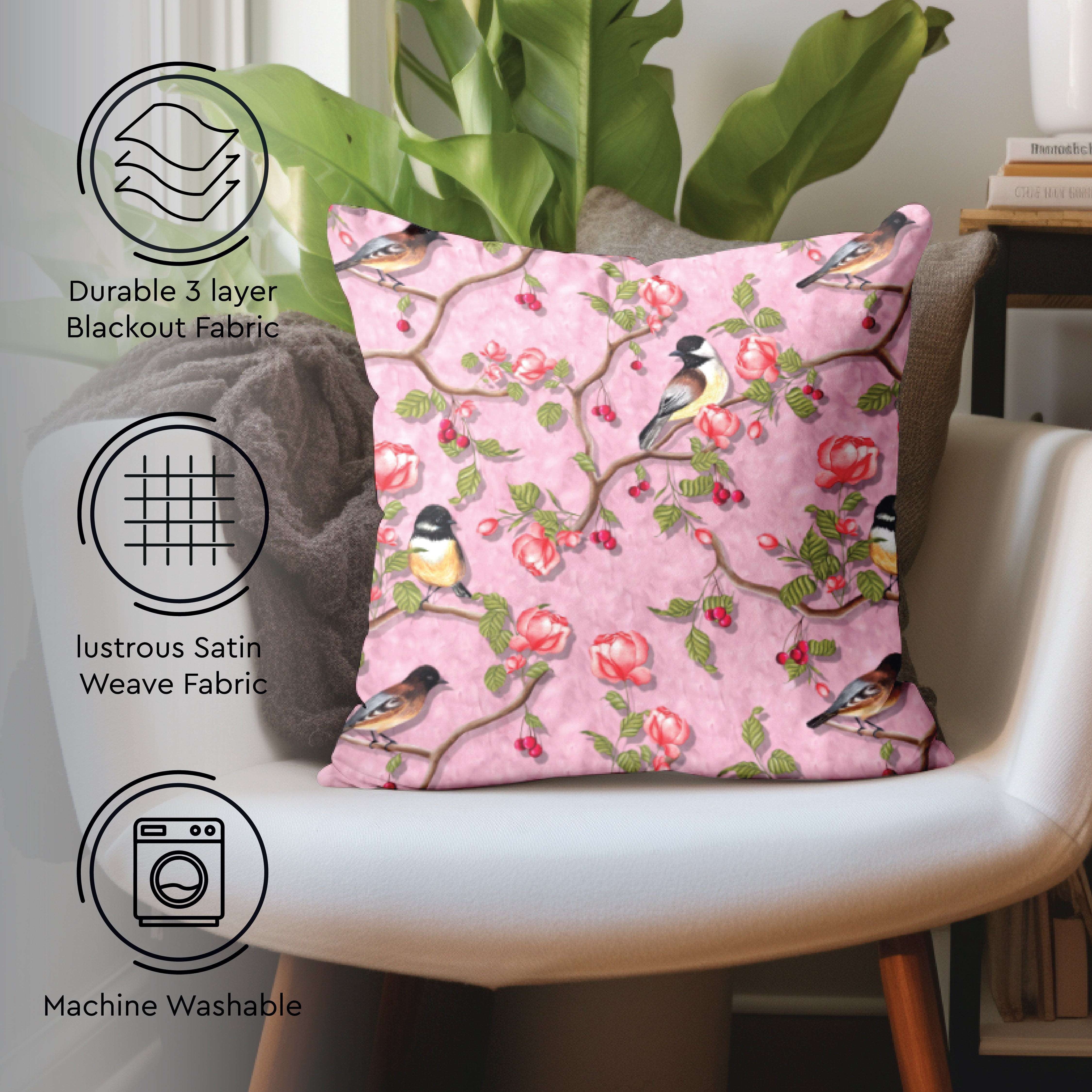 Blackout Polyester Dusty Pink Birds Cushion Cover