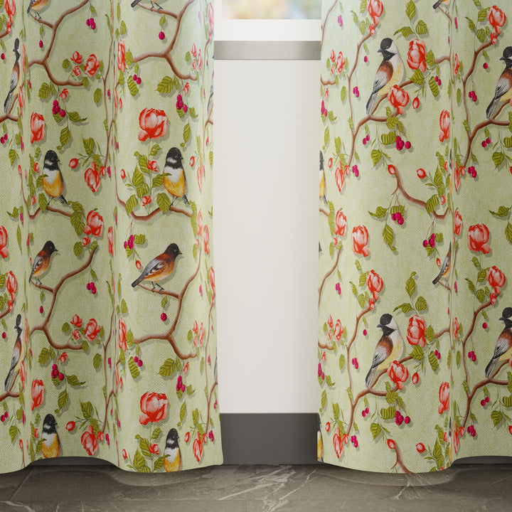 Blackout Polyester Sage Green Birds Curtain (Pack of 2)
