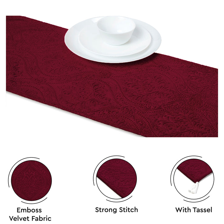 Embossed Velvet Maroon Table Runner