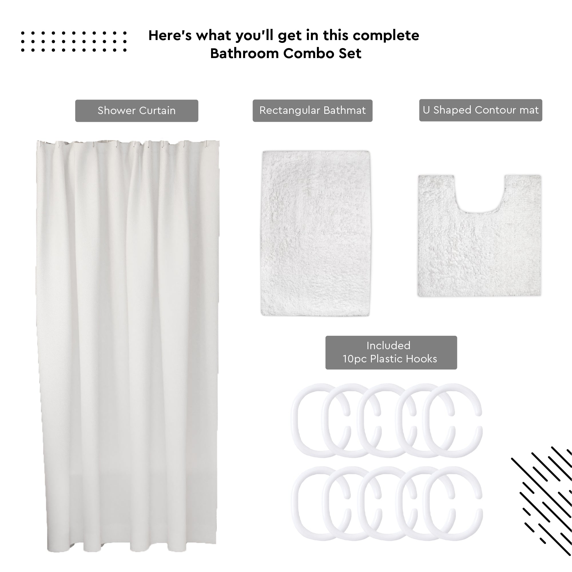Polyester White Shower Curtain + Bathmat (Pack of 3)