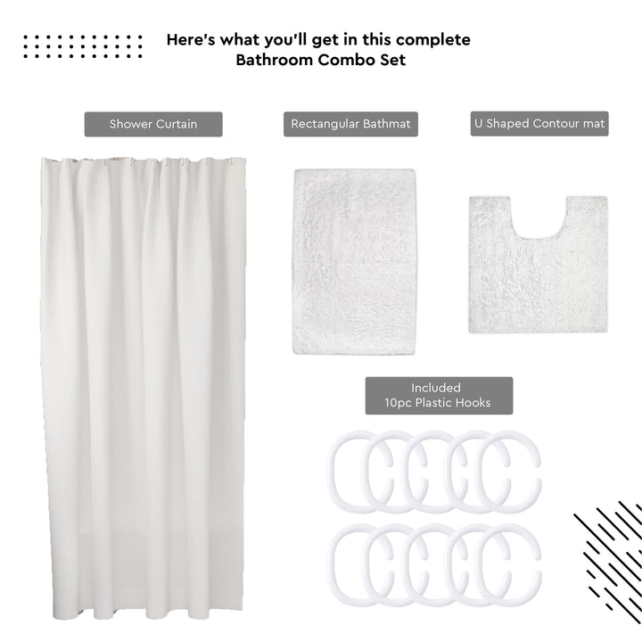 Polyester White Shower Curtain + Bathmat (Pack of 3)