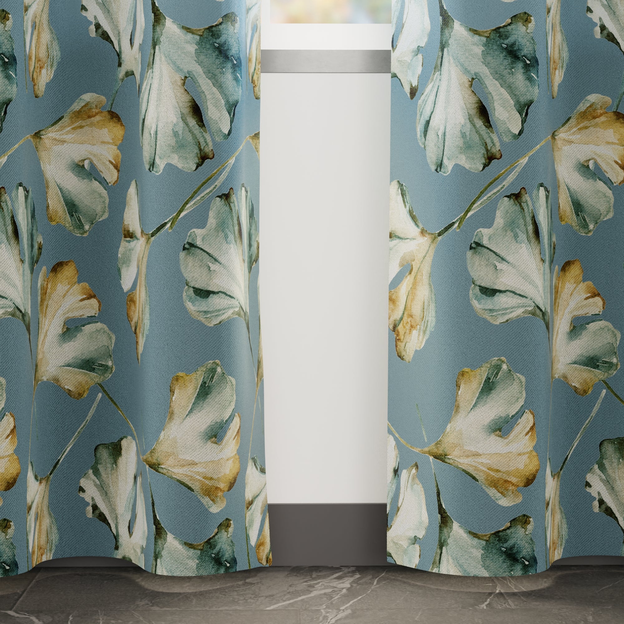 Blackout Polyester Gingko Blue Curtain (Pack of 2)