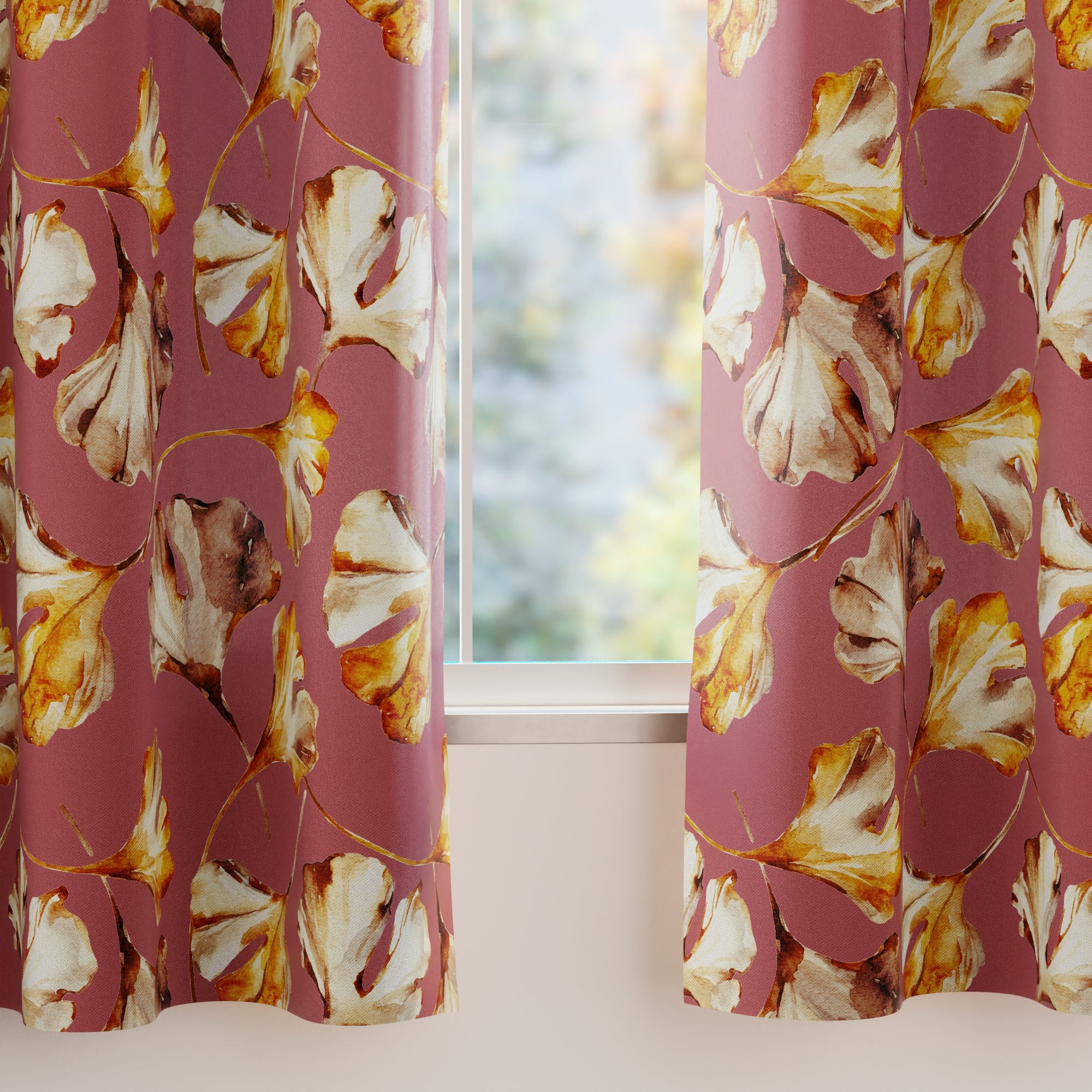 Blackout Polyester Gingko Plum Curtain (Pack of 2)