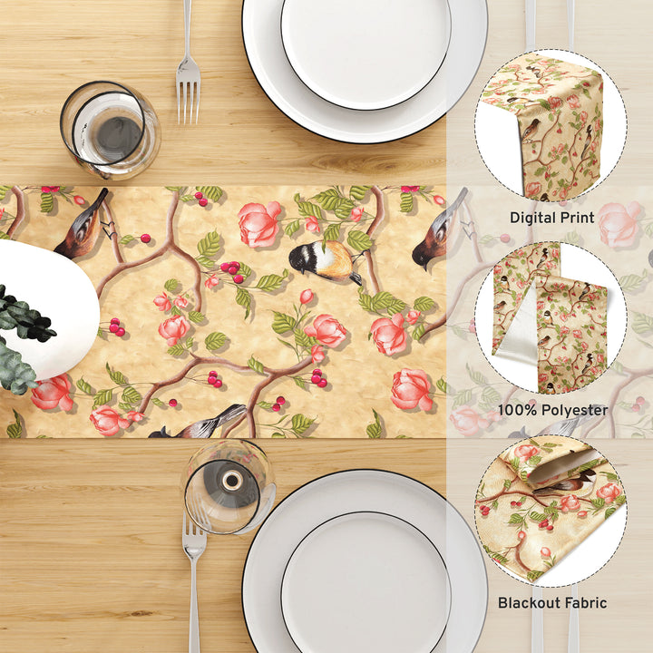 Blackout Polyester Pale Gold Birds Table Runner (Pack of 1)