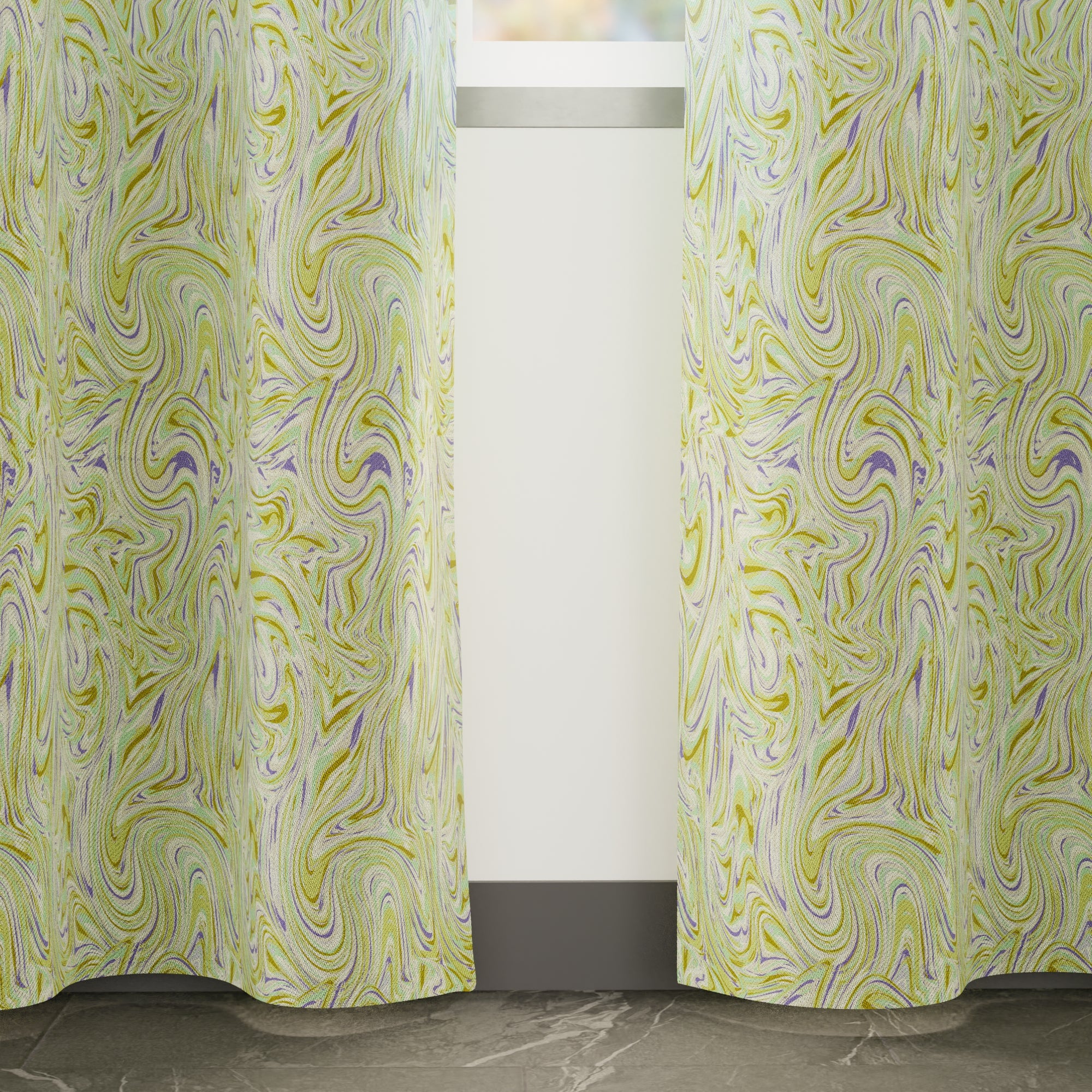Blackout Polyester Marble Lime Curtain (Pack of 2)