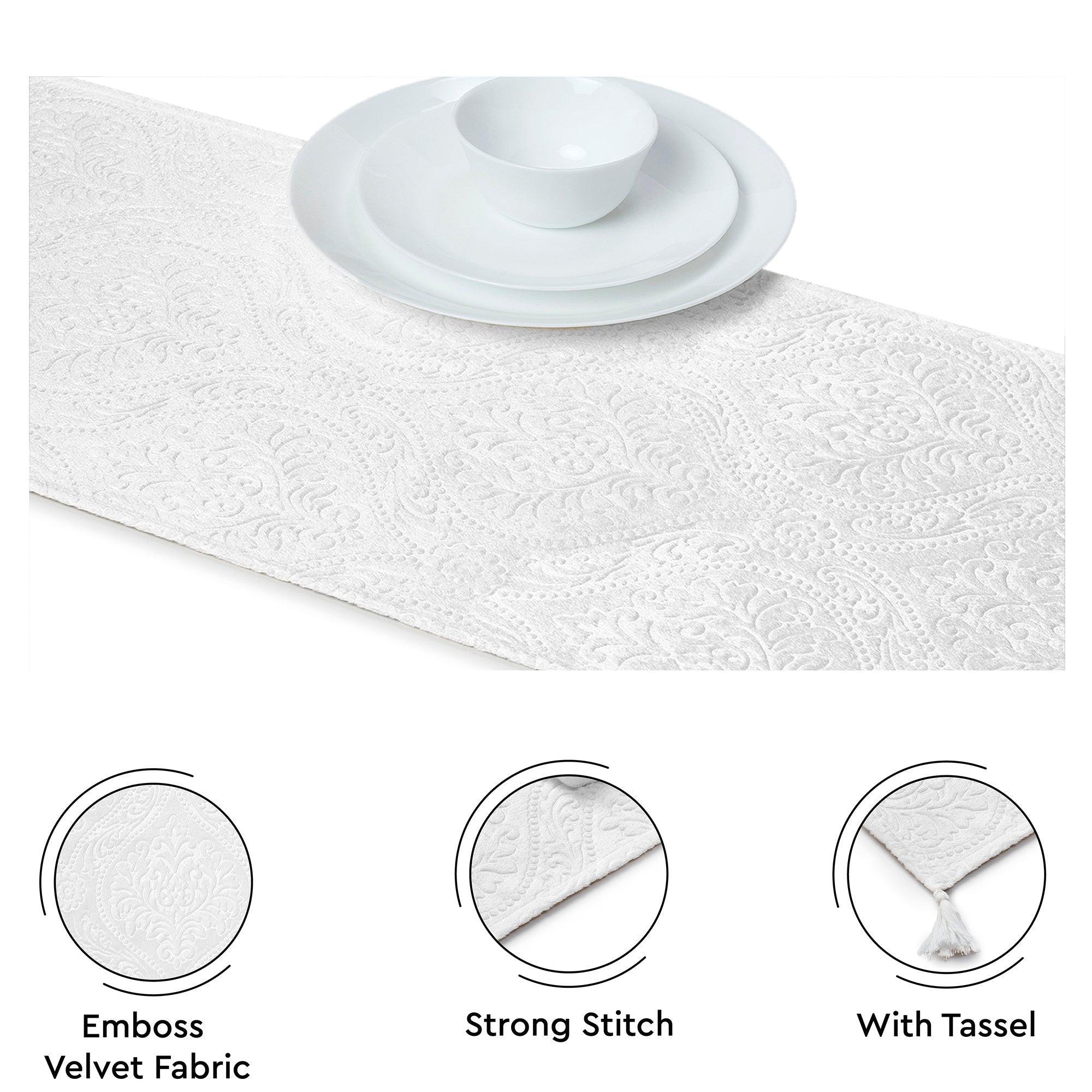 Embossed Velvet White Table Runner