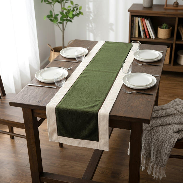Cotton Off White & Moss Green Table Runner (Pack of 1)