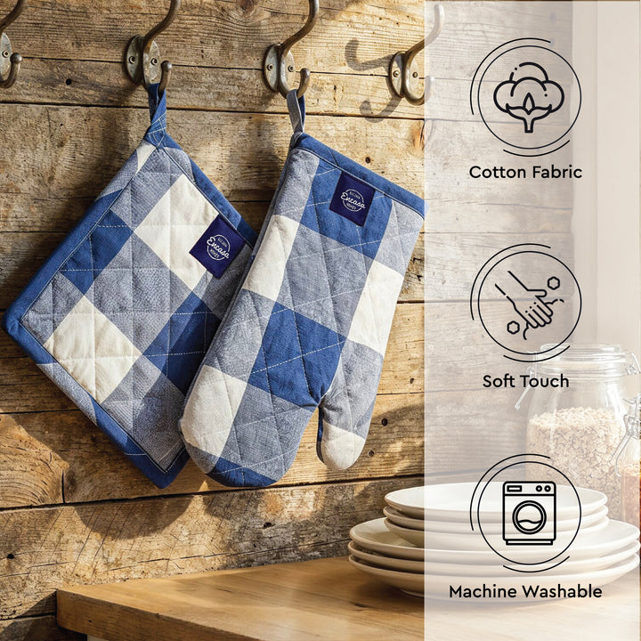 Cotton Buffalo Blue Checks Oven Glove & Pot Holder