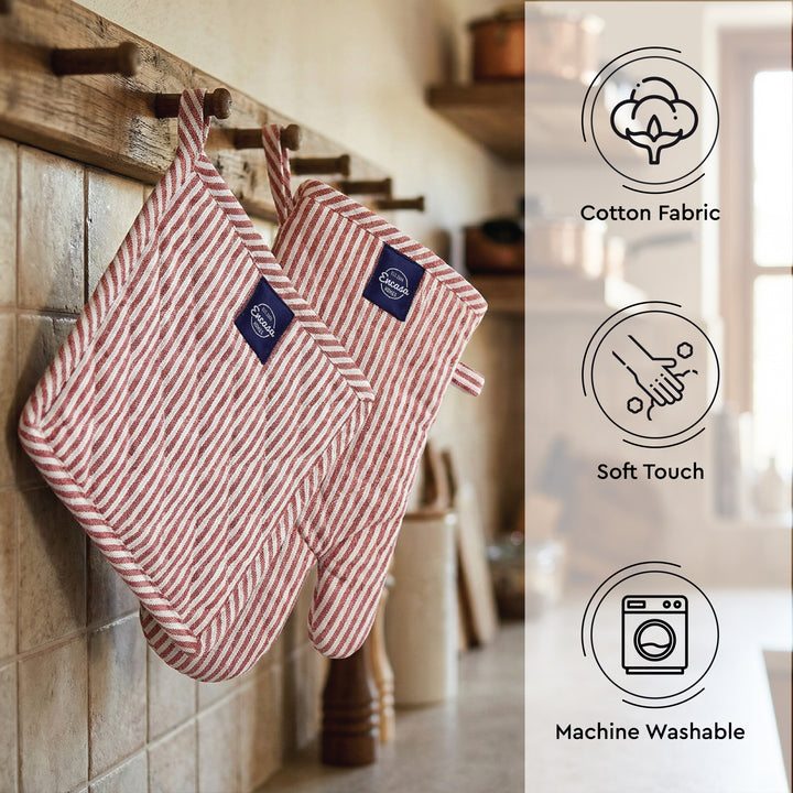 Cotton Ticking Red Oven Glove & Pot Holder