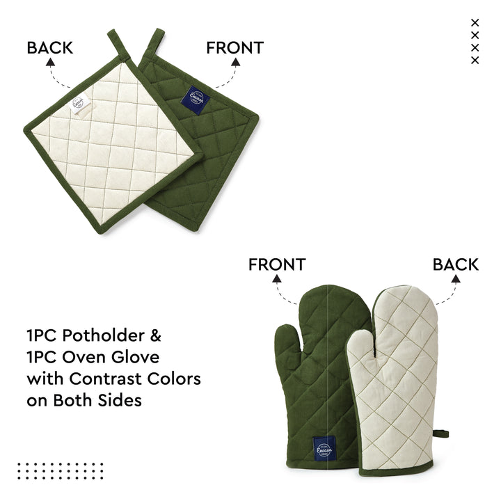Cotton Leaf Green Apron + Oven Glove + Pot Holder (Pack of 3)