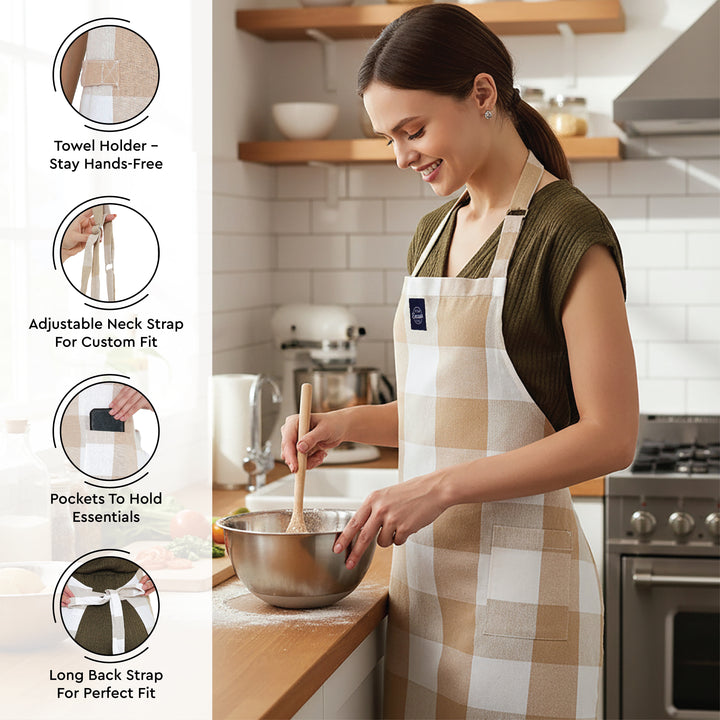Cotton Buffalo Beige Checks Apron + Oven Glove + Pot Holder (Pack of 3)