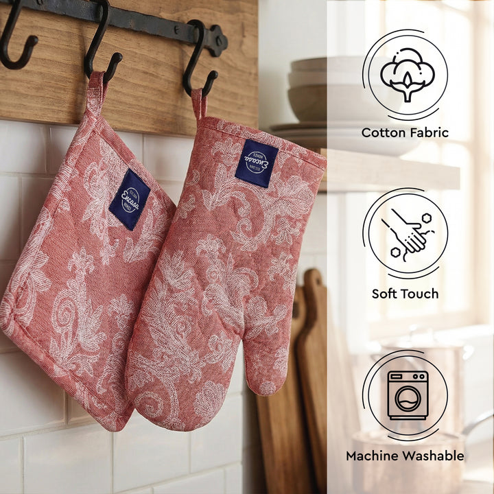 Cotton Floral Red Oven Glove & Pot Holder