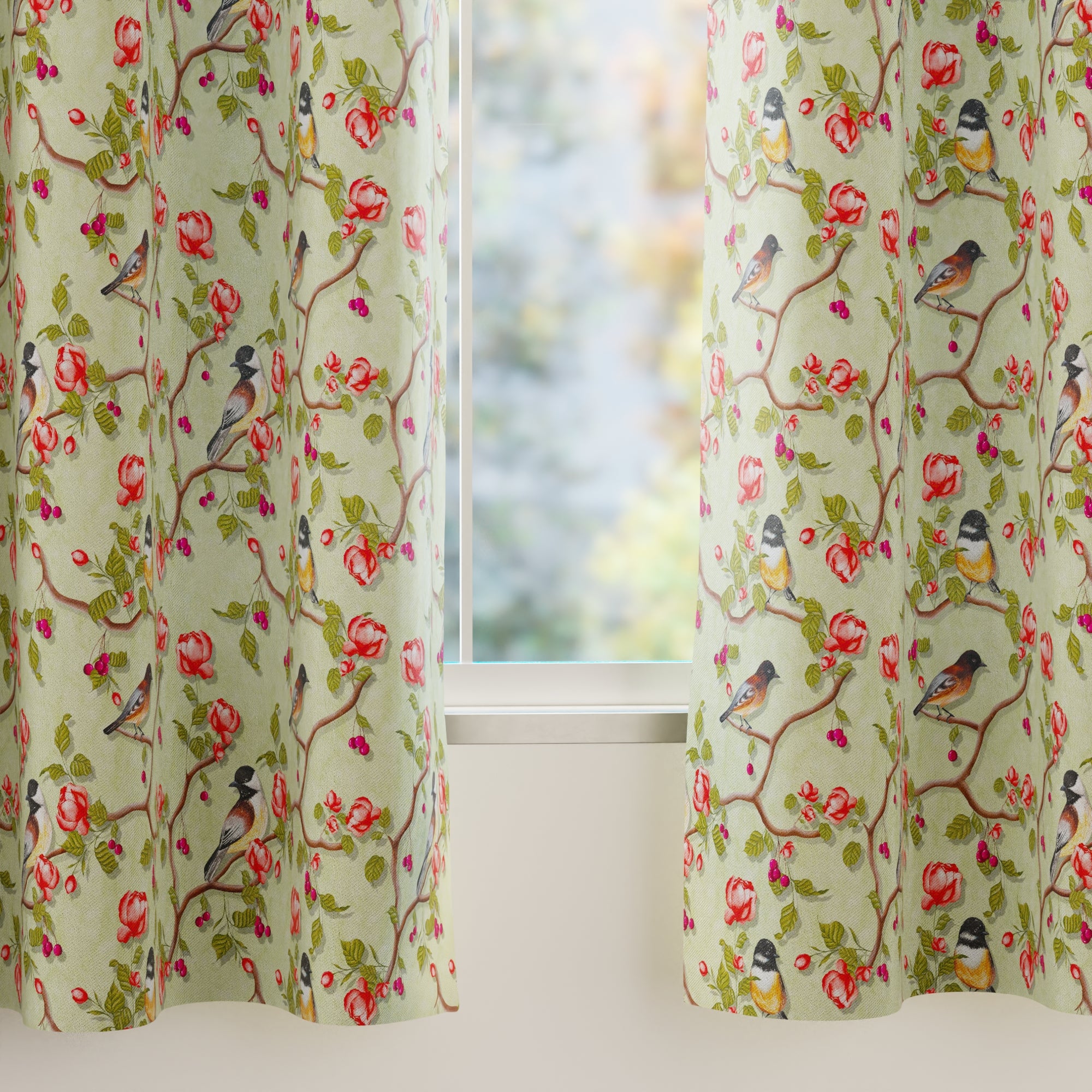 Blackout Polyester Sage Green Birds Curtain (Pack of 2)