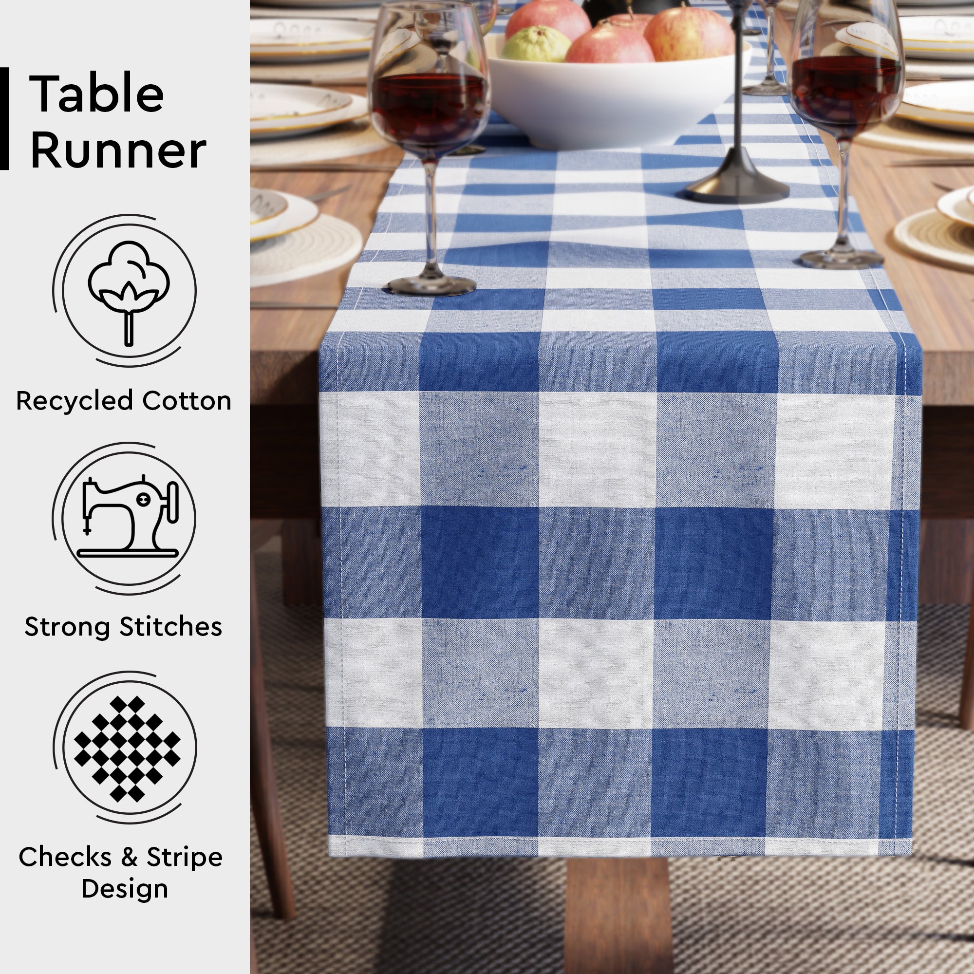 Cotton Buffalo Blue Checks Table Runner (Pack of 1)