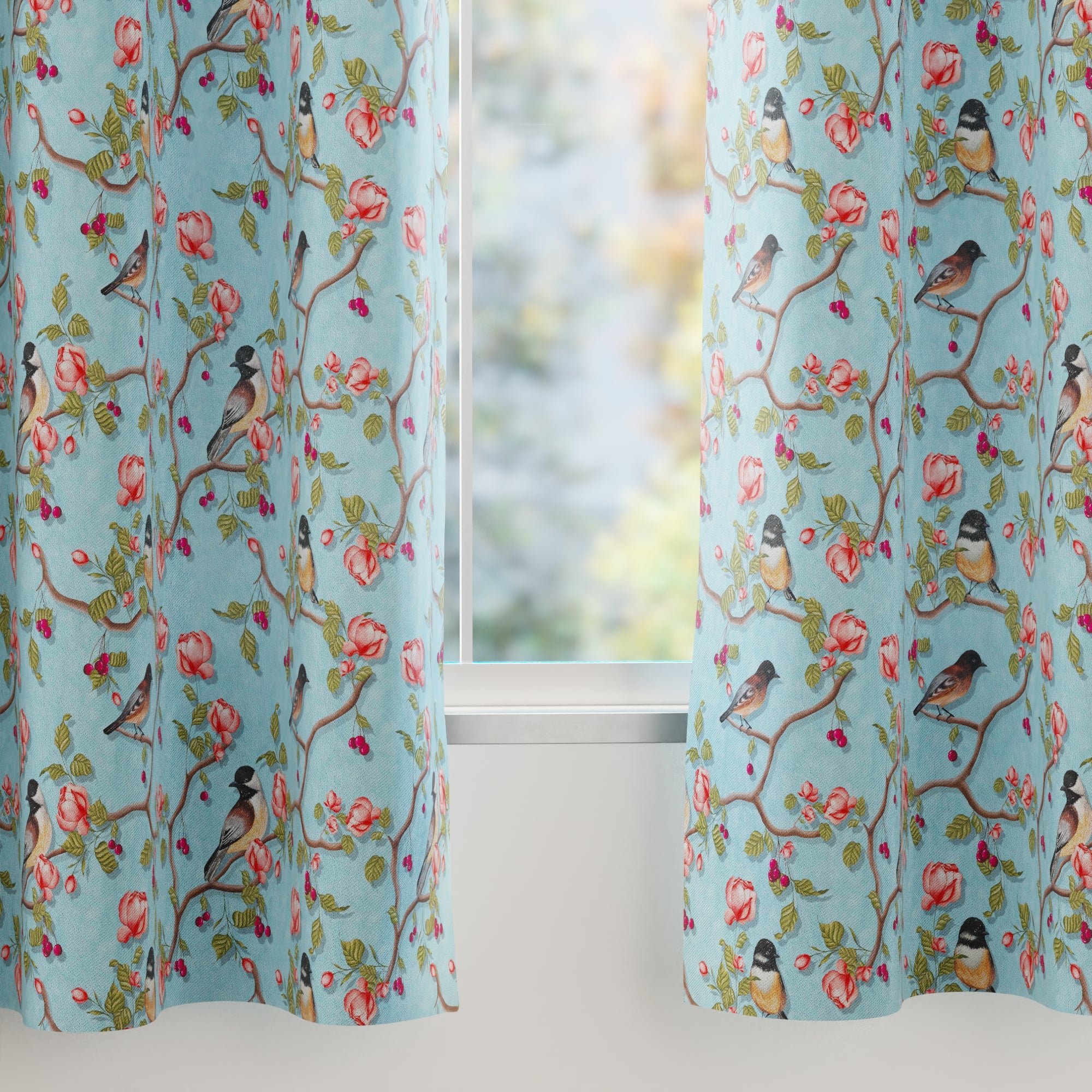 Blackout Polyester Sky Blue Birds Curtain (Pack of 2)