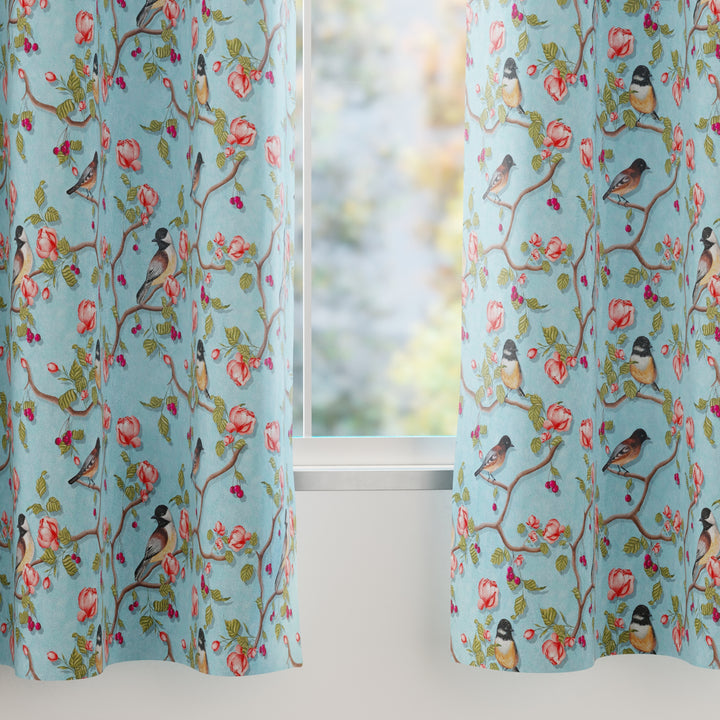 Blackout Polyester Sky Blue Birds Curtain (Pack of 2)