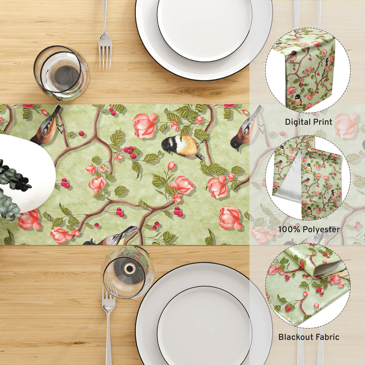 Blackout Polyester Sage Green Birds Table Runner (Pack of 1)
