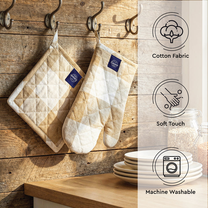 Cotton Buffalo Beige Checks Oven Glove & Pot Holder