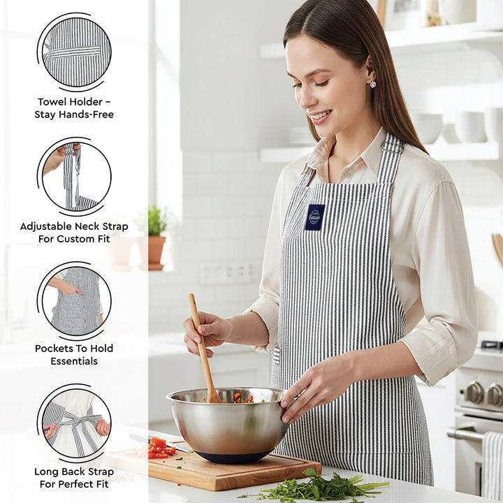 Cotton Ticking Black Apron + Oven Glove + Pot Holder (Pack of 3)