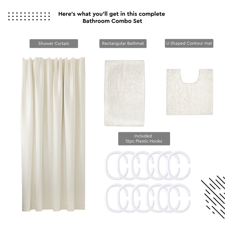 Polyester ZZ Cream Combo Shower Curtain + Bathmat (Pack of 3)