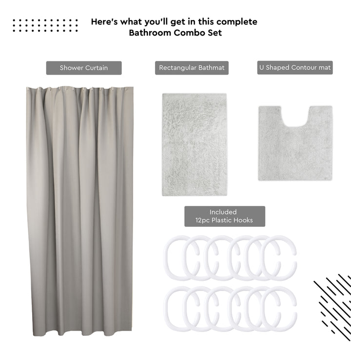 Polyester ZZ Light Grey Combo Shower Curtain + Bathmat (Pack of 3)