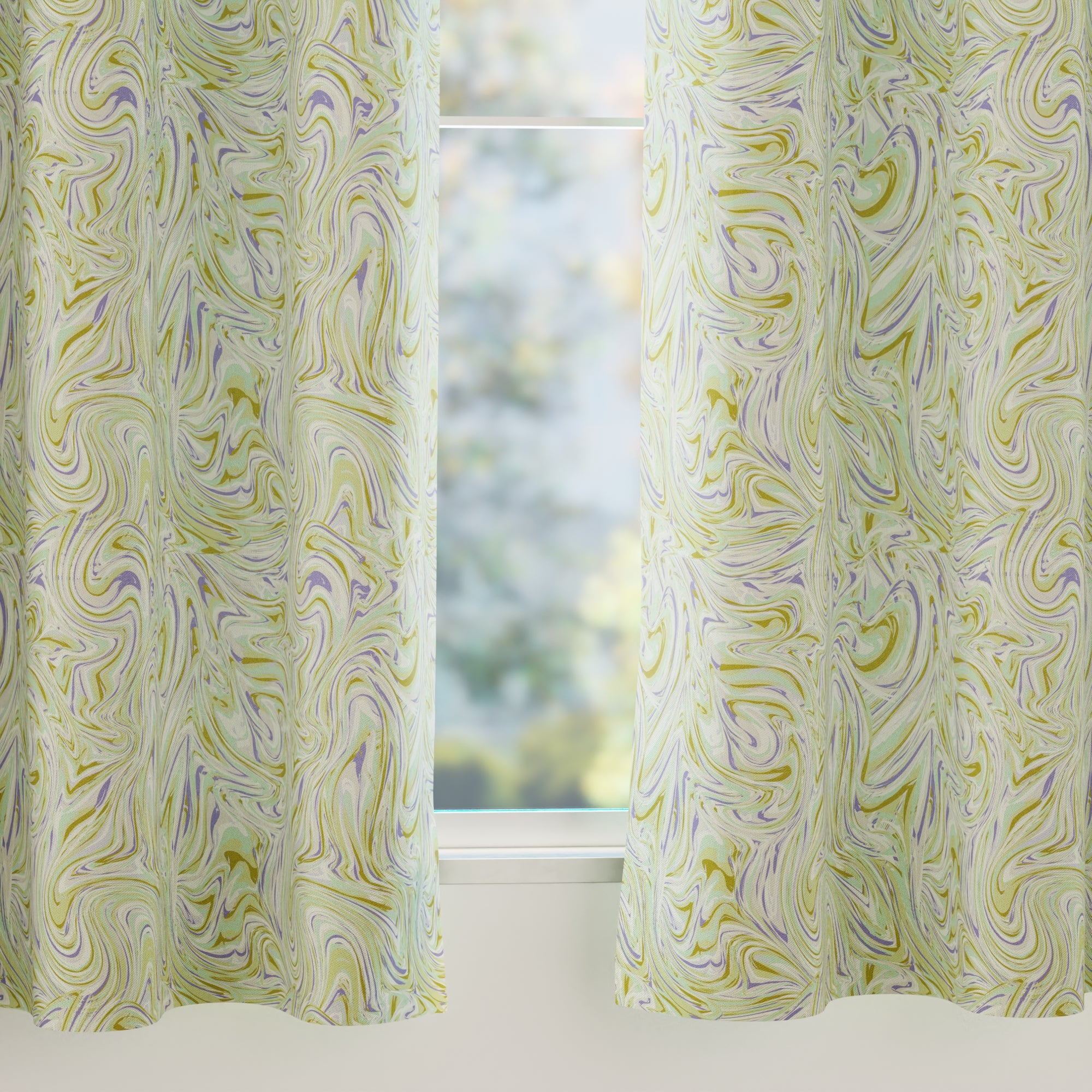 Blackout Polyester Marble Lime Curtain (Pack of 2)