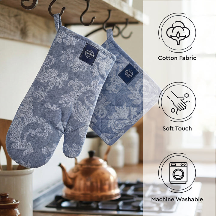 Cotton Floral Blue Oven Glove & Pot Holder