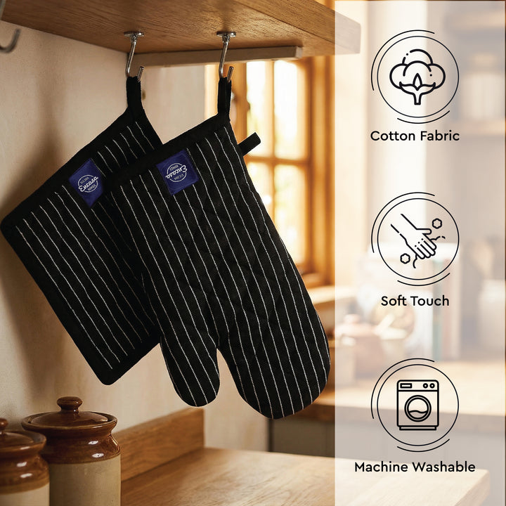 Cotton Butcher Stripes Black Oven Glove & Pot Holder