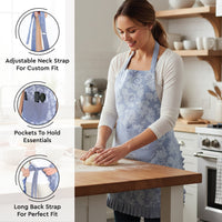 Cotton Floral Blue Apron + Oven Glove + Pot Holder (Pack of 3)