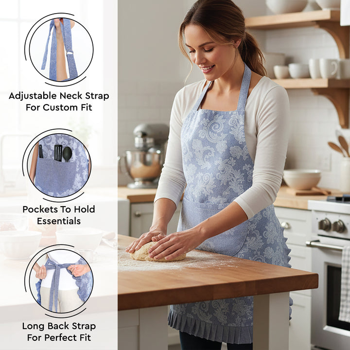 Cotton Floral Blue Apron + Oven Glove + Pot Holder (Pack of 3)
