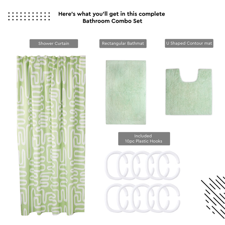 Polyester Maze Sage Combo Shower Curtain + Bathmat (Pack of 3)