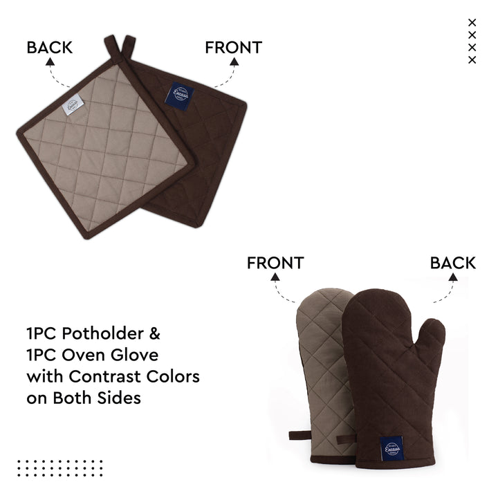 Cotton Dark Taupe & Beige Apron + Oven Glove + Pot Holder (Pack of 3)