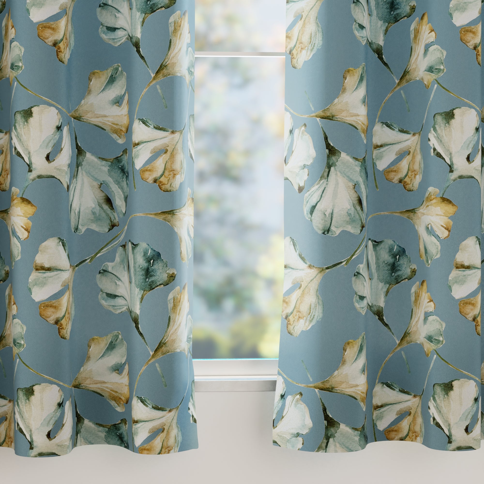 Blackout Polyester Gingko Blue Curtain (Pack of 2)