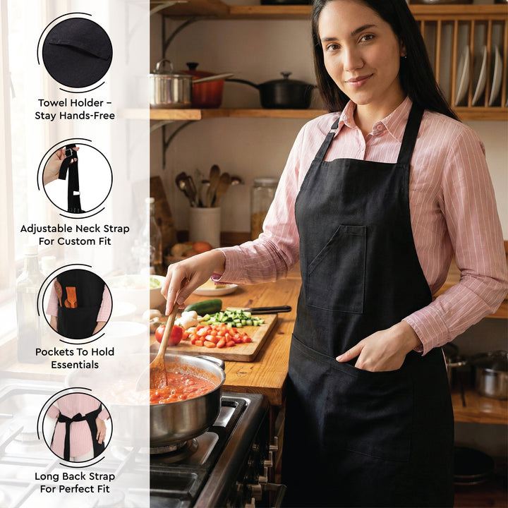Cotton Full Black Apron + Oven Glove + Pot Holder (Pack of 3)