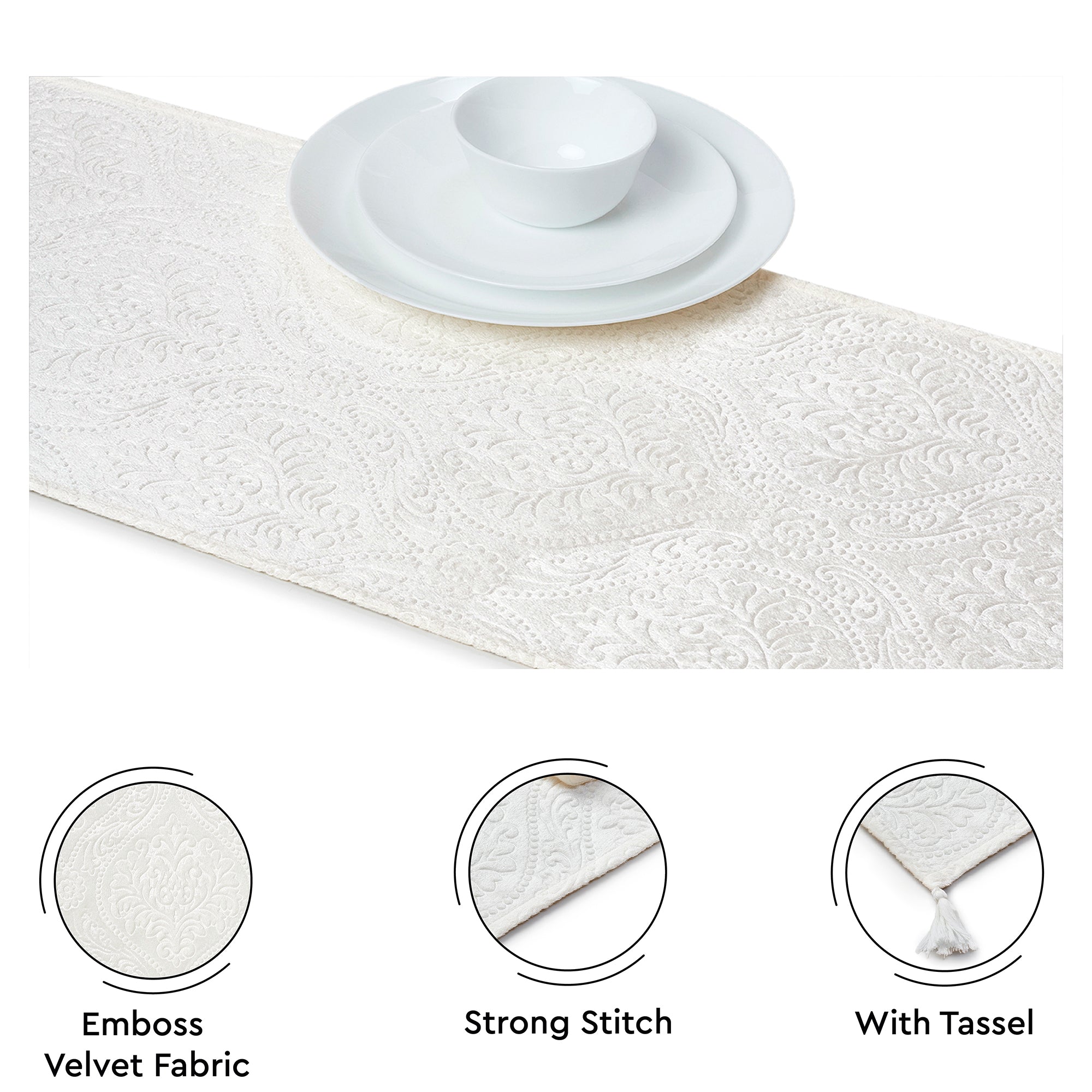 Embossed Velvet Cream Table Runner