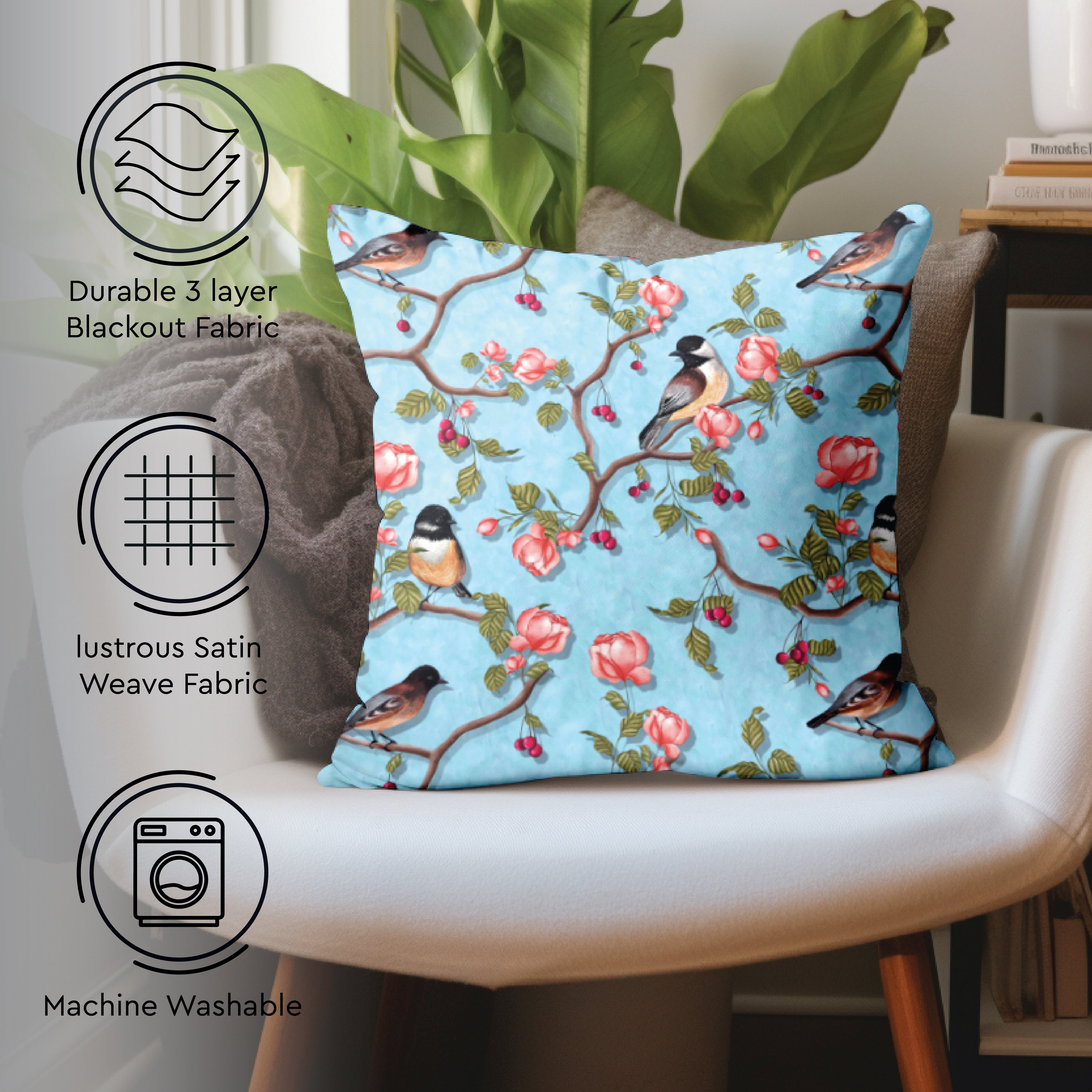 Blackout Polyester Sky Blue Birds Cushion Cover