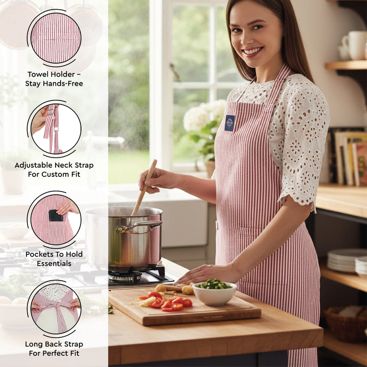 Cotton Ticking Red Apron + Oven Glove + Pot Holder (Pack of 3)