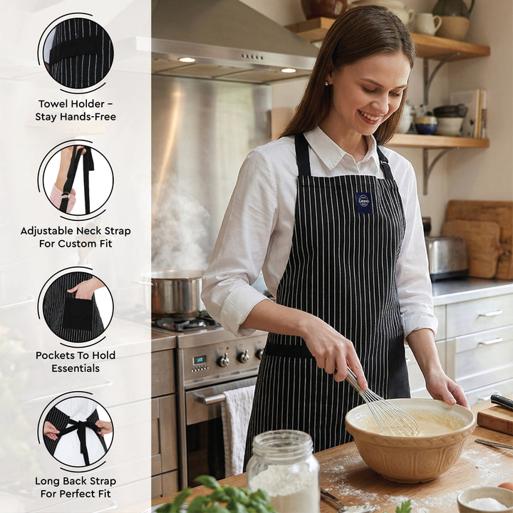 Cotton Butcher Stripes Black Apron + Oven Glove + Pot Holder (Pack of 3)