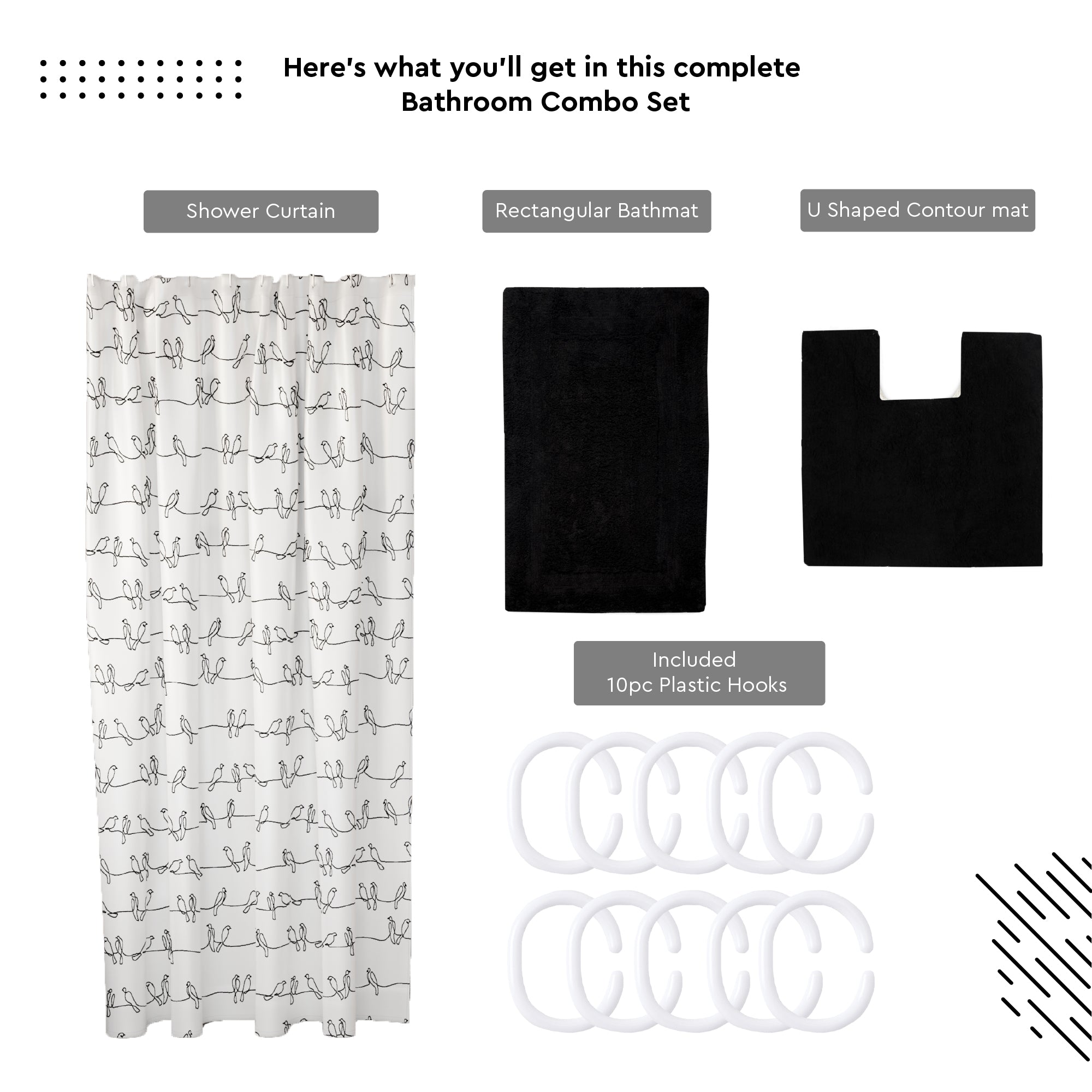 Polyester Blackbirds Combo Shower Curtain + Bathmat (Pack of 3)